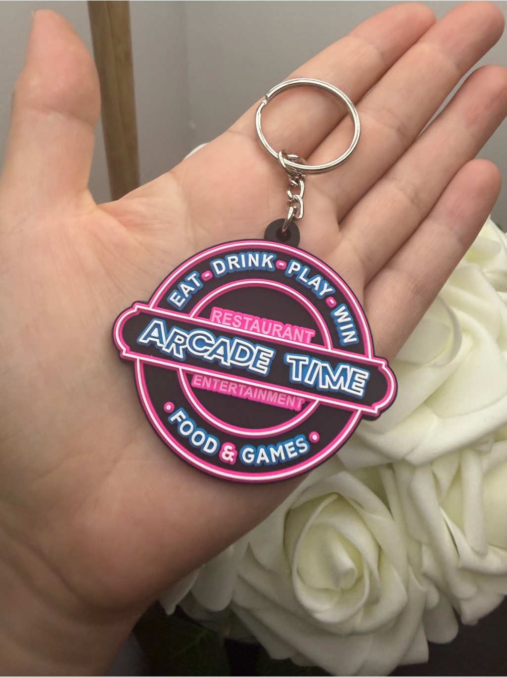 Arcade Pink & Blue Time' Rubber Keychain By